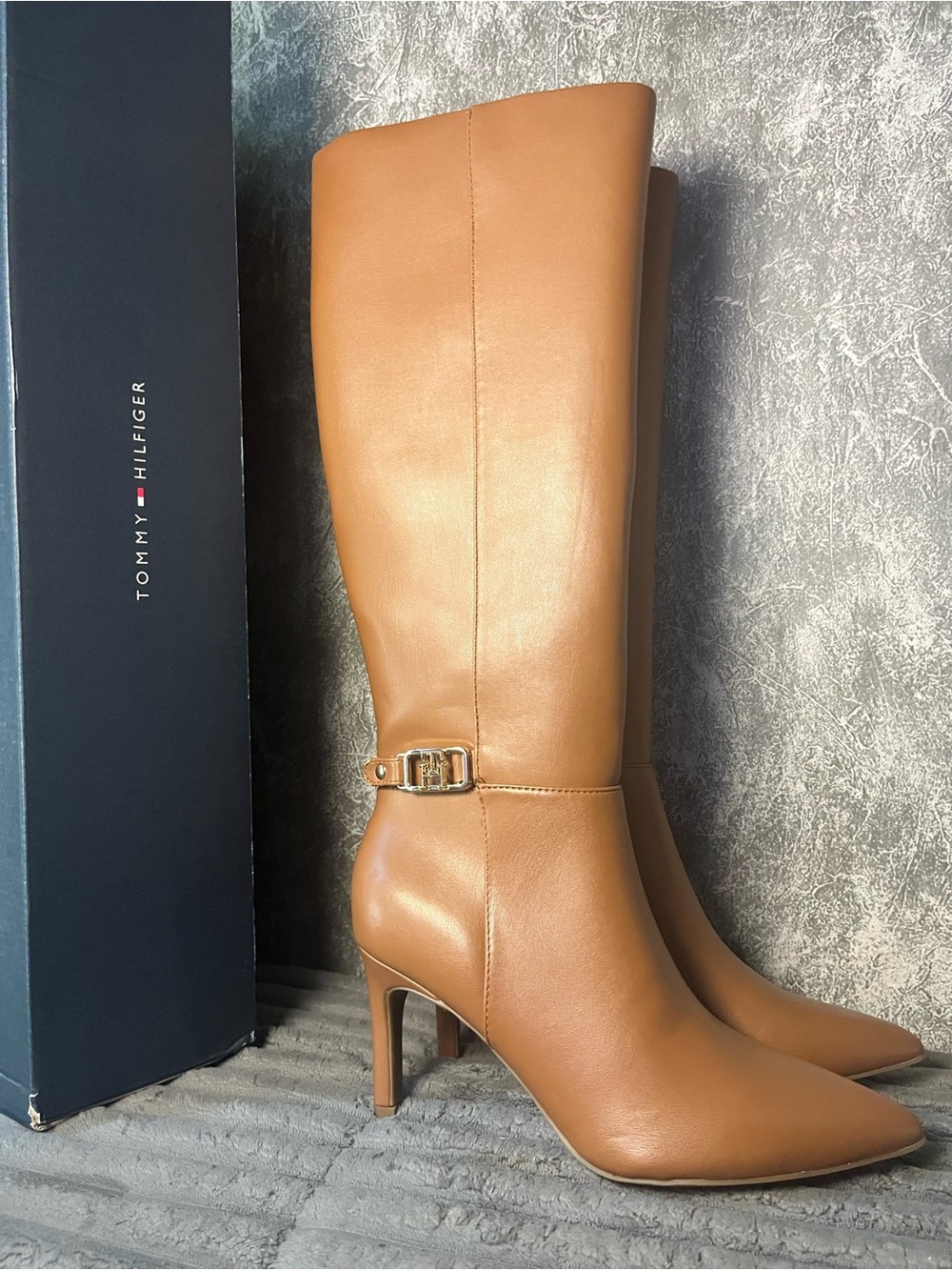 Tommy Hilfiger Cognac Leather Knee-High Stiletto Boots